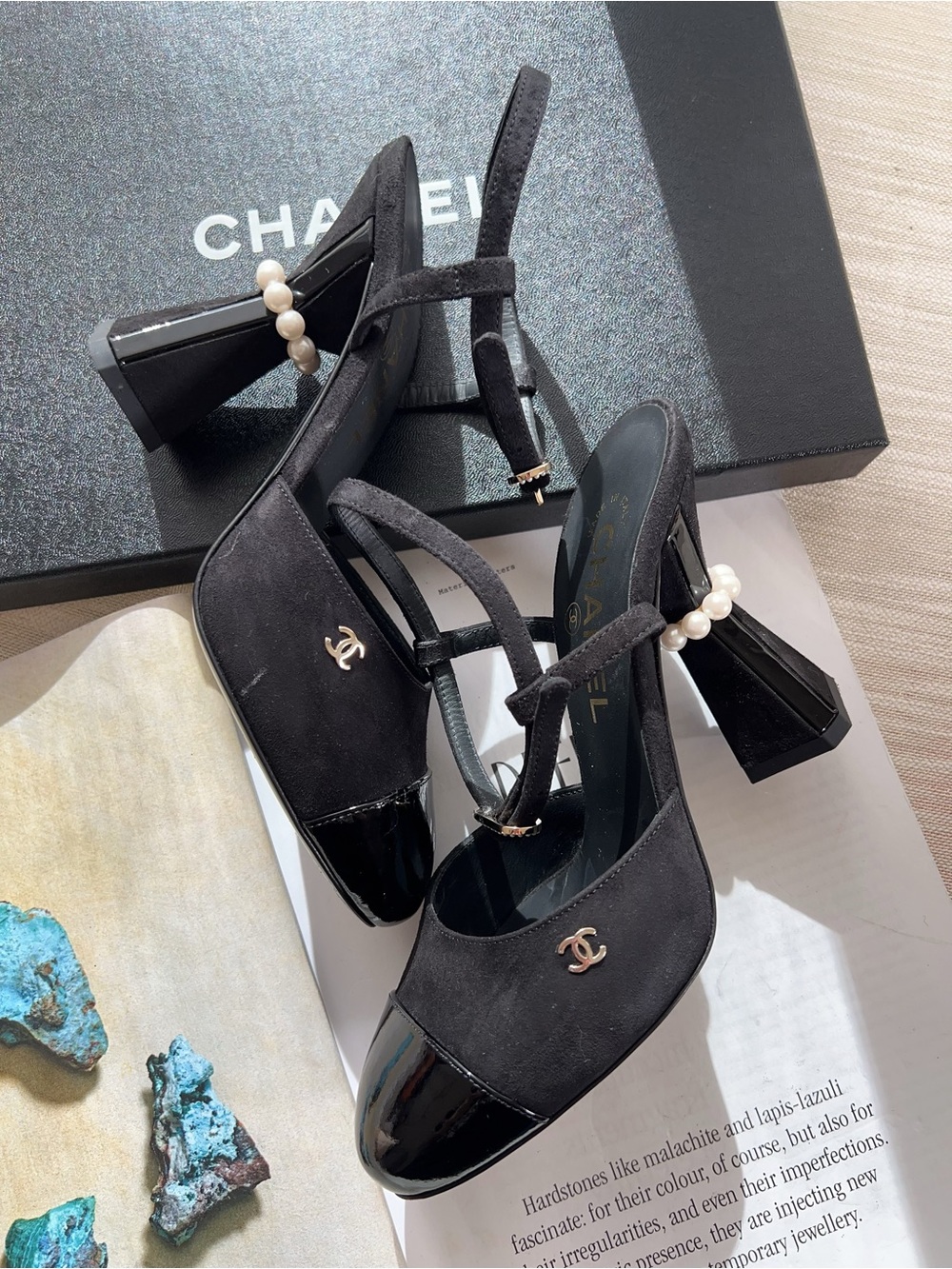 Chanel Black Suede Slingback Heels with Pearl Embellished - Picture 4 of 5